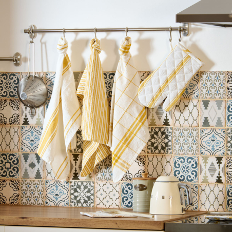 lot de torchons et gant de cuisine jaune
