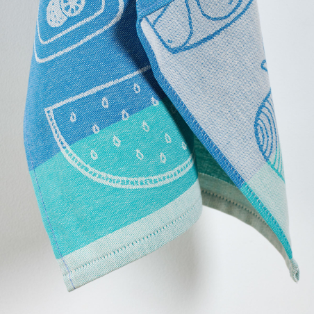 Torchon Confiture en coton jacquard coloris bleu.