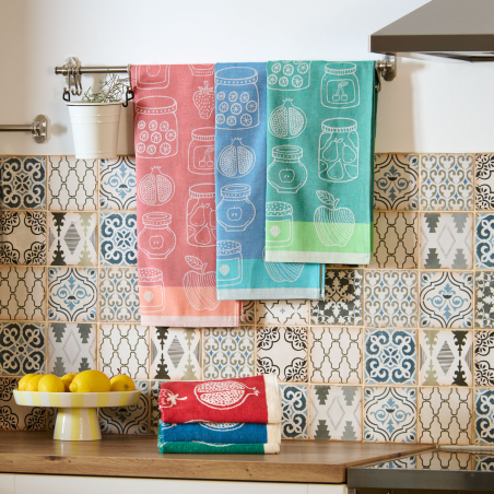 Lot de 3 torchons de cuisine Confiture en coton jacquard, aux couleurs fraîches et gourmandes.