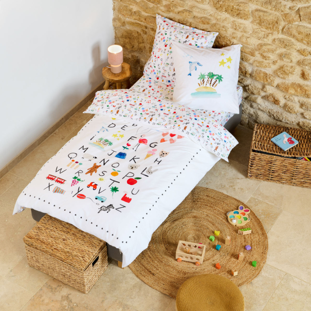 Parure de lit abécédaire enfant en percale de coton, abécédaire