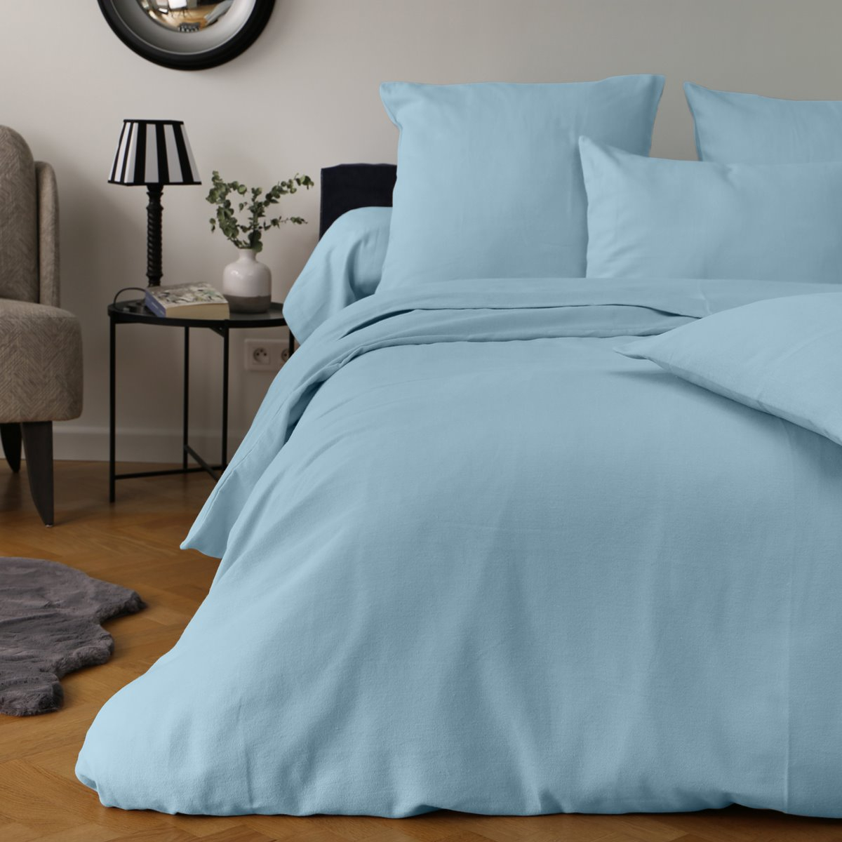 Parure de lit en Flanelle Bleu glacier | Linge de lit fabriqué en France | Tradition des Vosges