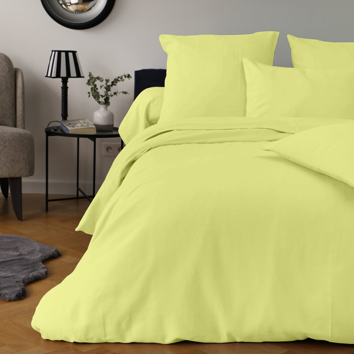 Parure de lit en Flanelle Vert pomme | Linge de lit fabriqué en France | Tradition des Vosges