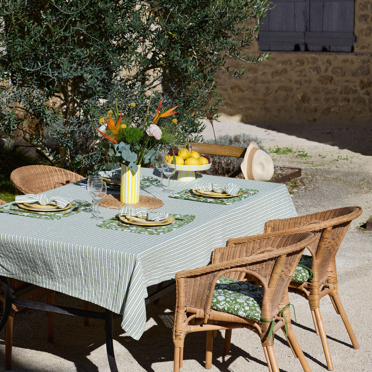 nappe à rayures sous l'olivier