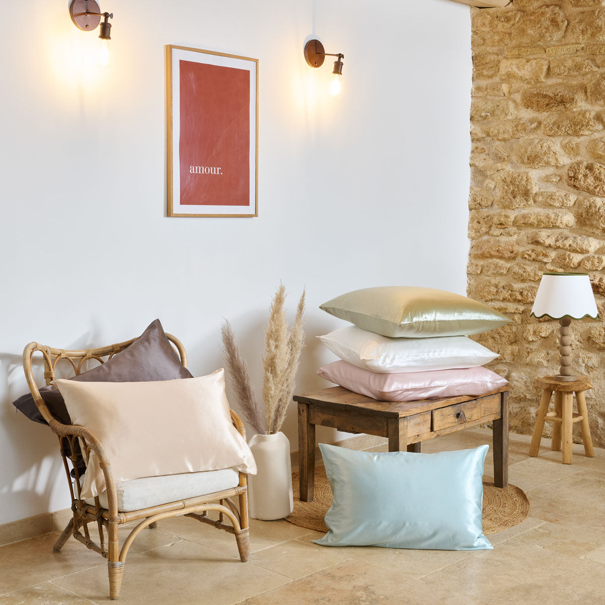 Collection soie de mûrier par tradition des vosges ambiance boheme coloris champagne anthracite blanc rose sauge bleu #Couleur_ROSE PALE SOIE