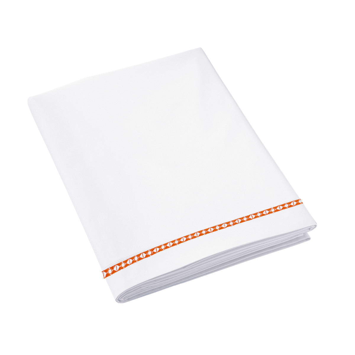 Drap plat blanc en percale de coton 120 fils avec parement brodé terracotta