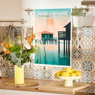 Illustration des cabanes sur pilotis dans un style graphique vintage