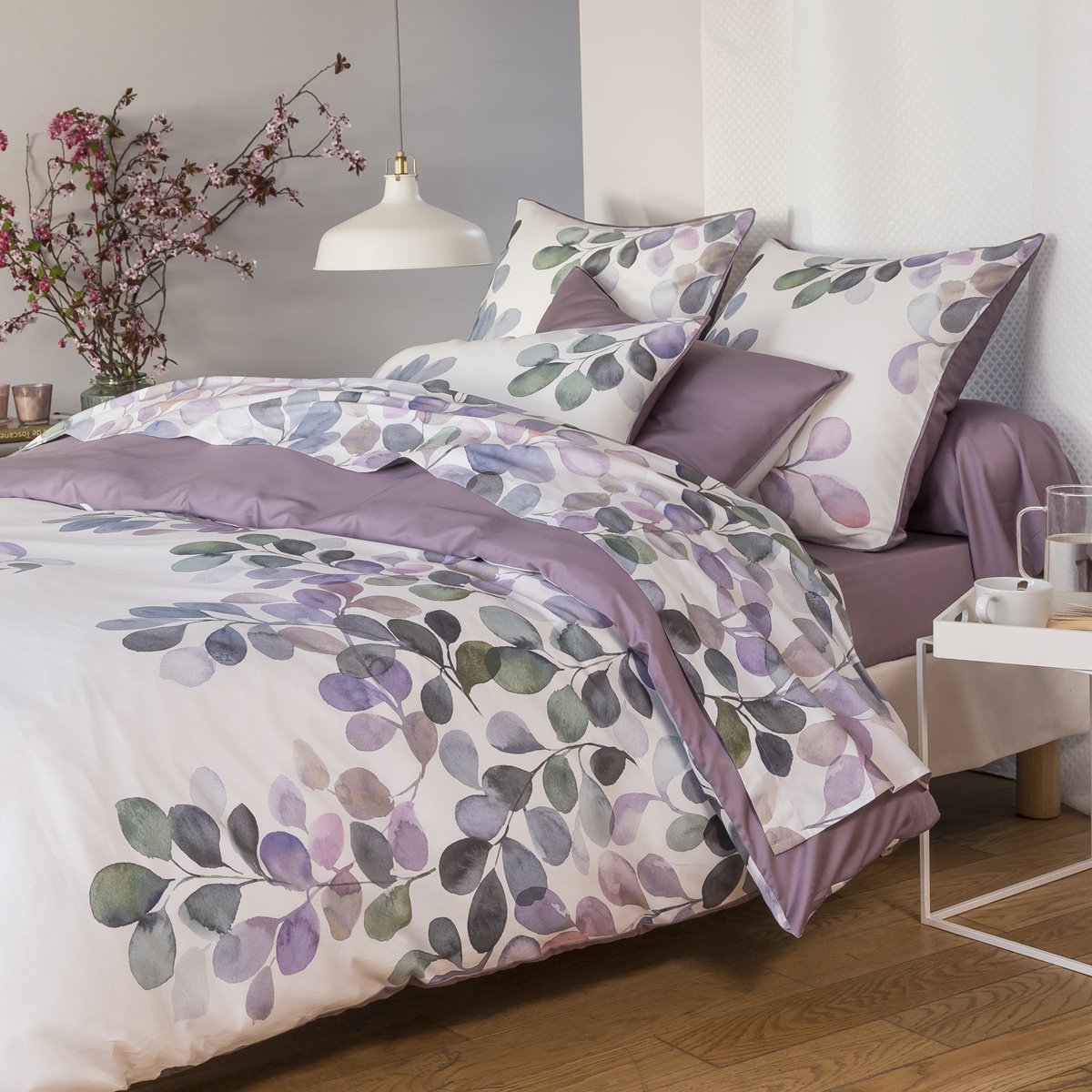Drap-housse satin de coton 120 fils - Eclose | Linge de lit imprimée | Tradition des Vosges #Couleur_VIOLET PARME
