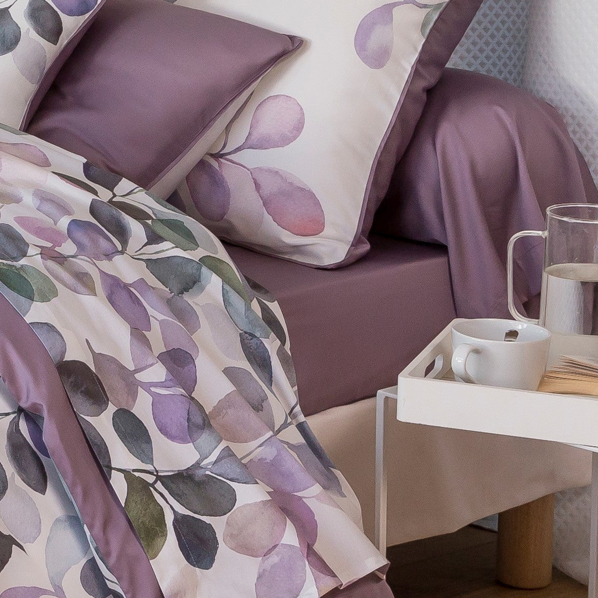 Drap-housse satin de coton 120 fils - Eclose | Linge de lit imprimée | Tradition des Vosges #Couleur_VIOLET PARME