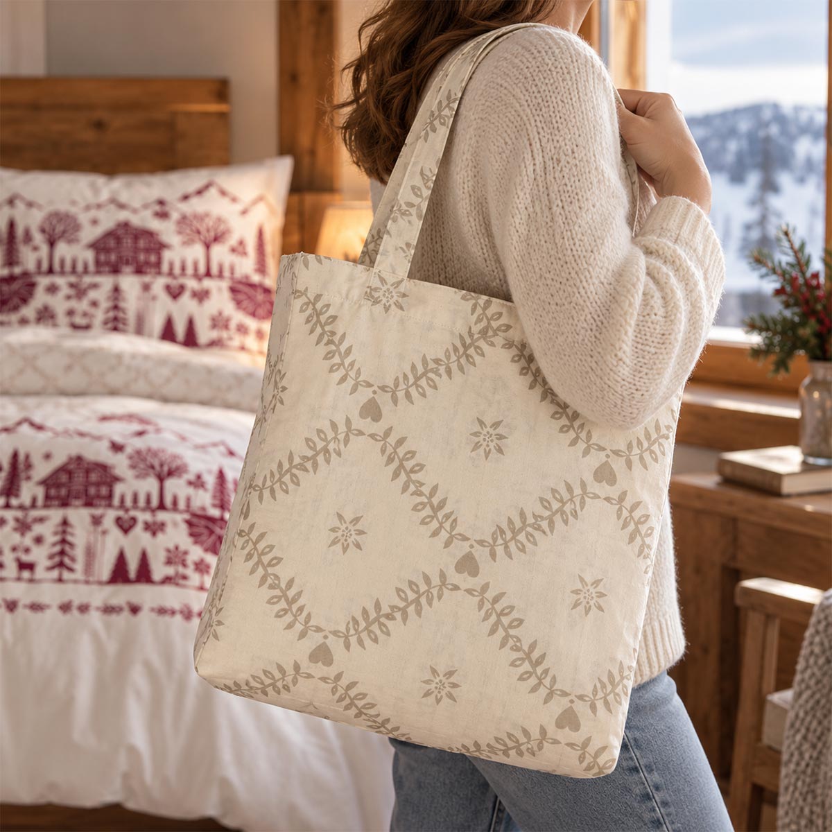 totebag ecru avec coeur et branchage